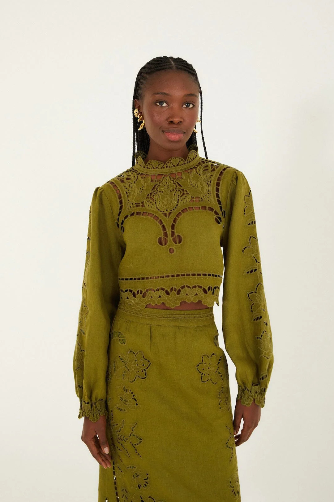 Green Majestic Garden Euroflax Premium Linen Richelieu Blouse, GREEN / L | FarmRio (US)