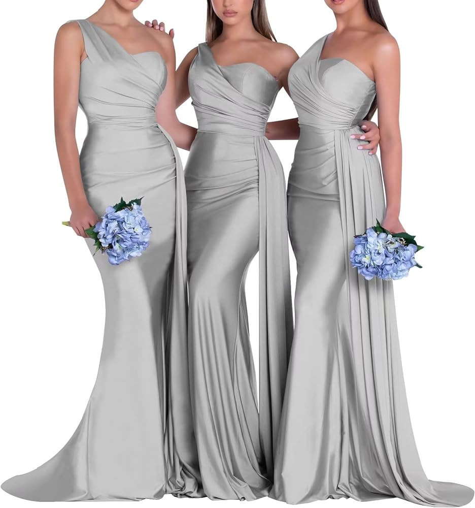 One Shoulder Bridesmaid Dresses for Wedding Mermaid Satin Prom Dresses Long Bodycon Formal Evenin... | Amazon (US)