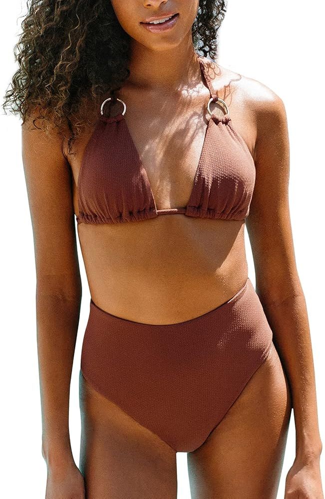 Amazon.com: CUPSHE Women's Backless Tummy Control Bikini Set High Waisted O Ring Halter Bathing S... | Amazon (US)