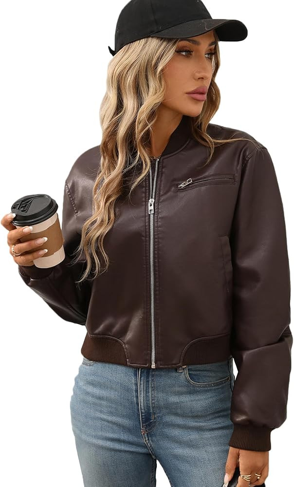 LY VAREY LIN Womens Faux Leather Varsity Jacket Bomber Baseball Collar Streetwear Casual Coat | Amazon (US)