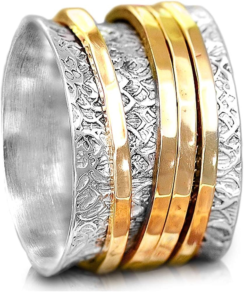Boho-Magic 925 Sterling Silver Spinner Ring for Women with 4 Brass Fidget Rings Chunky Wide Band | Amazon (US)