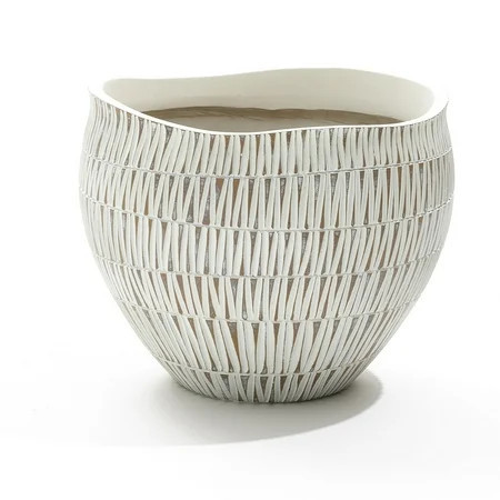 LuxenHome White with Gold V-Pattern Polyresin 12-Inch Round Planter | Walmart (US)