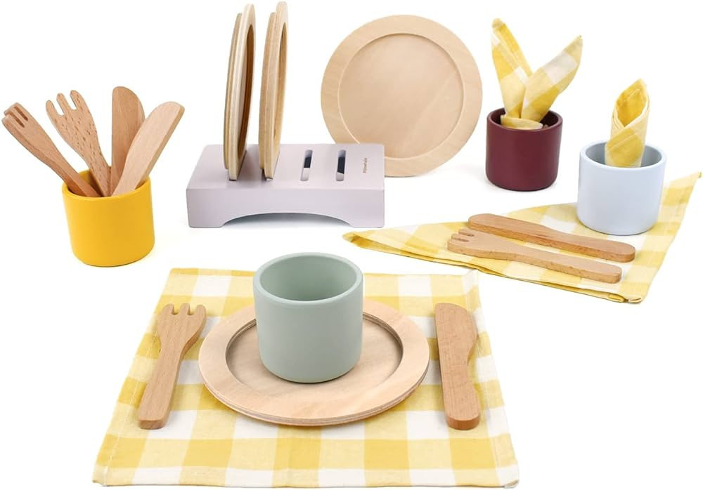Pillowhale Wooden Toy Plates and Dishes Set,Play Kitchen Cutlery and Plate Set,21Piece Kids Kitchen Playset Accessories for Toddlers Boys Girls Ages 3+ | Amazon (US)