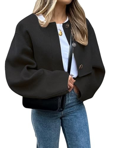CHARTOU Women Cropped Wool Blend Pea Coat Short Jacket Peacoat Long Sleeve Button Down Crop Jacket (X-Large,Black) | Amazon (US)