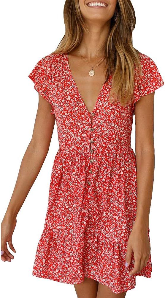 GAMISOTE Womens Floral Print Mini Dress V Neck Short Sleeve Boho Swing Dresses | Amazon (US)