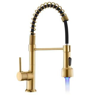 Commercial Brass Sink Faucet Single-Handle Pull Down Sprayer Kitchen Faucet with LED light in Brushed Gold | The Home Depot
