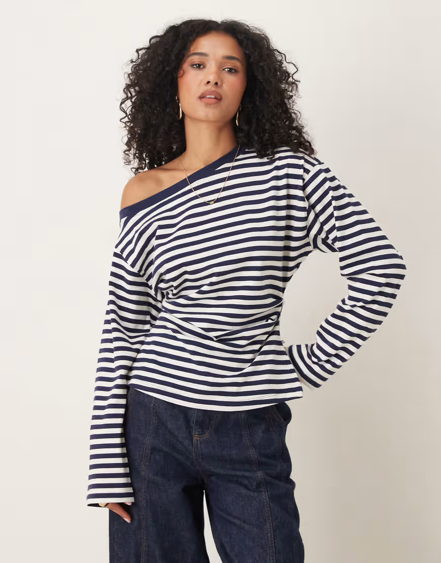 ASOS DESIGN long sleeve off the shoulder corset waist tee in navy stripes-Multi | ASOS (Global)