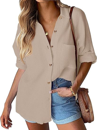 HOTOUCH Womens Linen Button Down Shirt Casual Long Sleeve Cotton Blouse Loose Fit Collared Work G... | Amazon (US)