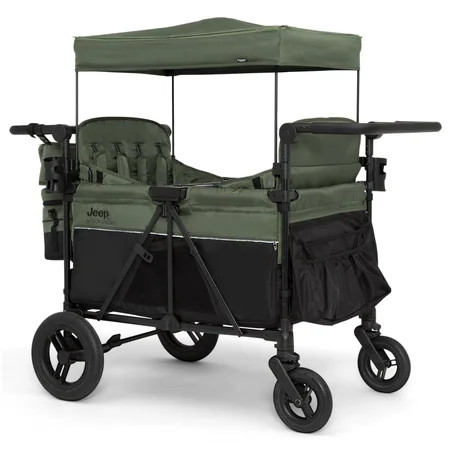Jeep Wrangler Deluxe 4 Seater Stroller Wagon by Delta Children - Premium Quad Stroller Wagon for 4 Kids with Convertible Seats, Adjustable Push/Pull Handles, Removable Canopy & Flat Fold, Black/Green | Walmart (US)
