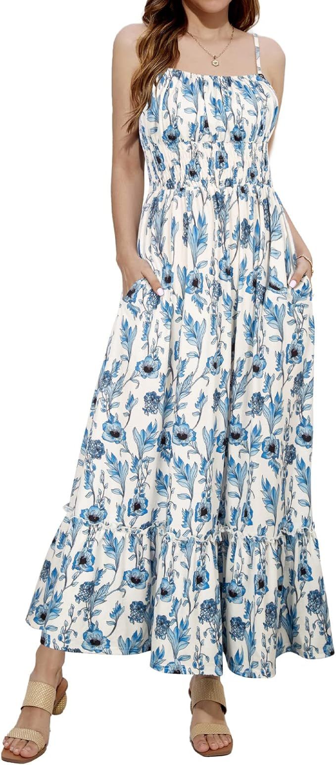 GRACE KARIN Womens Summer Maxi Dress Casual Sleeveless Spaghetti Strap Smocked Ruffle A Line Beac... | Amazon (US)