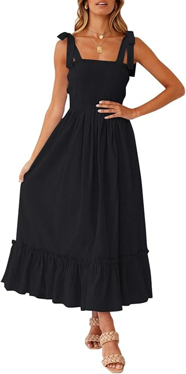 ZESICA Women's 2023 Summer Boho Spaghetti Strap Square Neck Solid Color Ruffle A Line Beach Long ... | Amazon (US)
