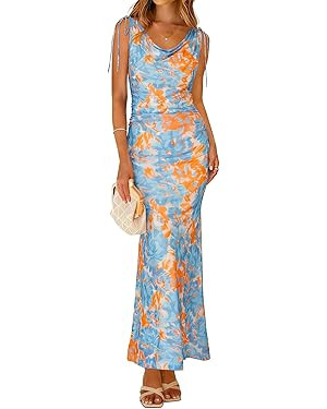 Simplee Womens Summer Wedding Guest Dress Floral Mesh Bodycon Maxi Dress Sexy Sleeveless Ruched P... | Amazon (US)