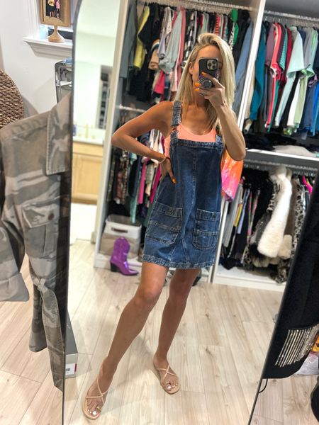 Denim overall dress in XS. Good toe sandals come in multiple colors. Denim dress. Spring OOTD  

#LTKfindsunder100 #LTKxSephora #LTKshoecrush