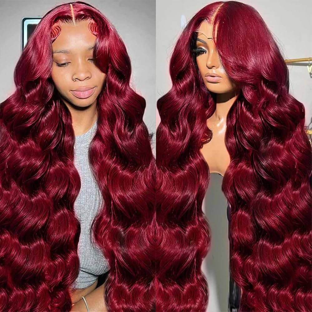 28 Inch 99j Burgundy Lace Front Wigs Human Hair Red Burgundy Wig 180% Density 13x6 Body Wave Lace... | Amazon (US)