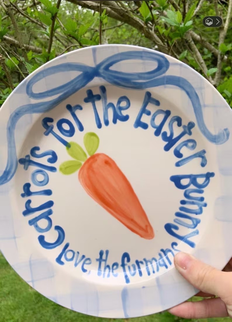 Easter, grandmillennial, grandmillennial Easter decor, Easter decor, blue and white, Personalized blue and white Carrots for the Easter Bunny Plate, Hand-Painted Design