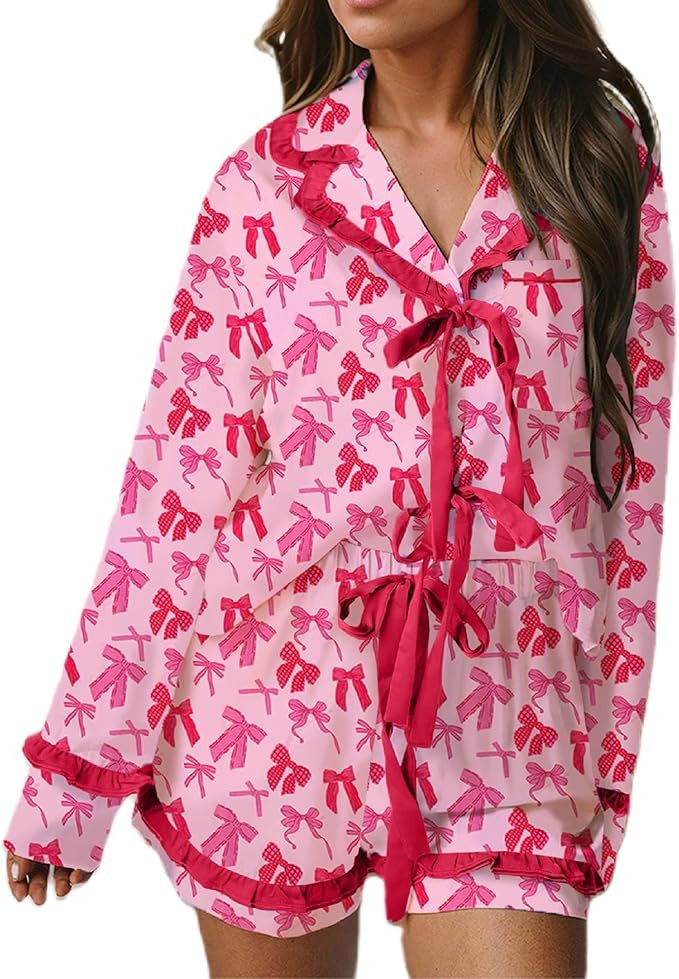 Women Valentine’s Day Pajama Set Bow Tie Front Shirt Shorts Love Heart 2 Piece Pjs Ruffled Sati... | Amazon (US)