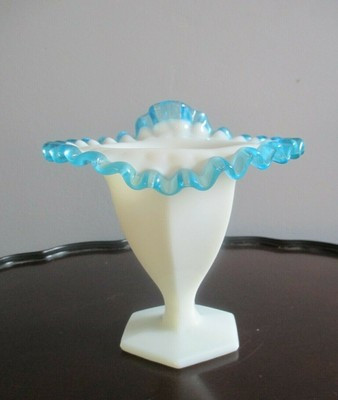 Vintage Milk Glass Vase with Blue Ruffle Edge - 6" | eBay US