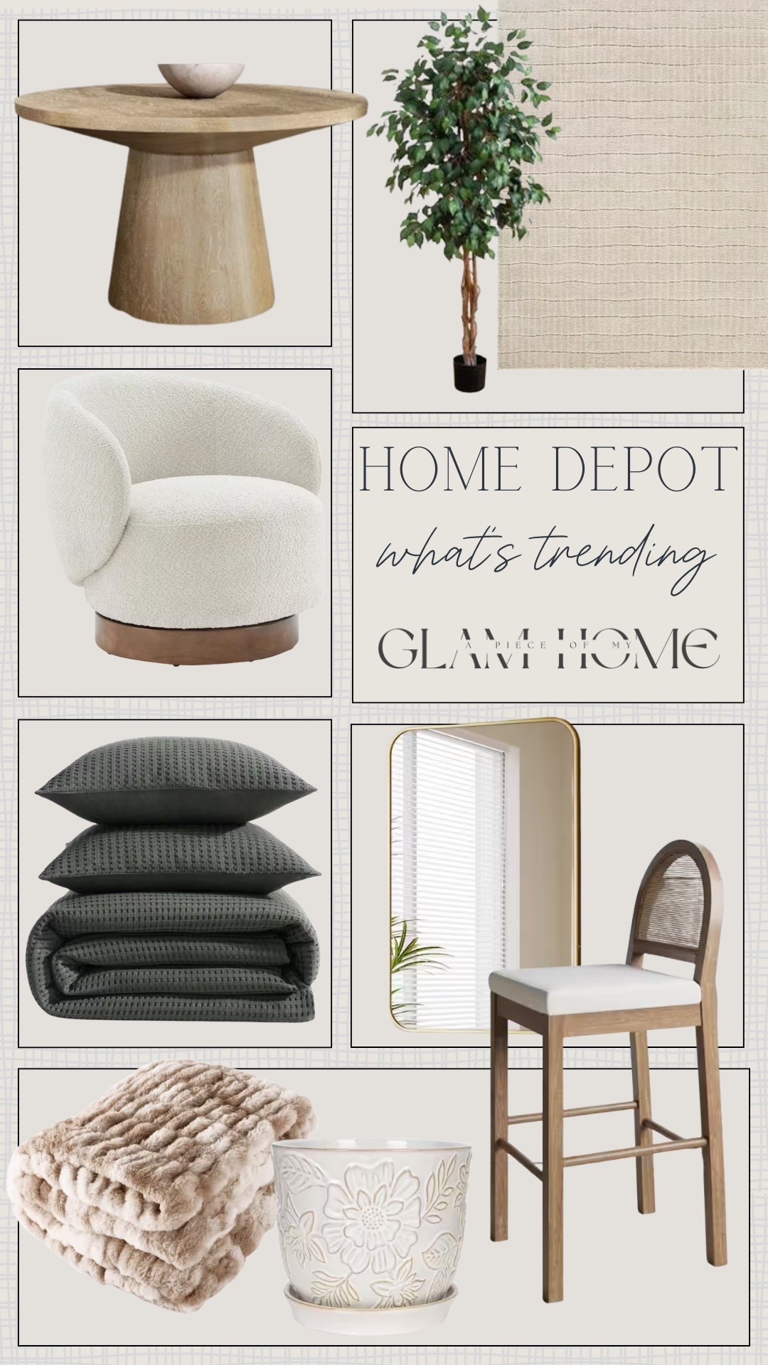 What’s trending for home at Home Depot! 


Affordable home finds, mirrors, accent chair, bedding, faux tree, rug, coffee table, barstool, throw blanket, planter

#LTKFindsUnder100 #LTKU #LTKHome