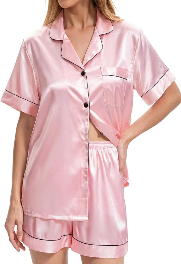HONGTEYA Pajamas for Women Set Silk Satin 2 Piece Pjs Notch Collar Lounge Matching Summer Button ... | Amazon (US)