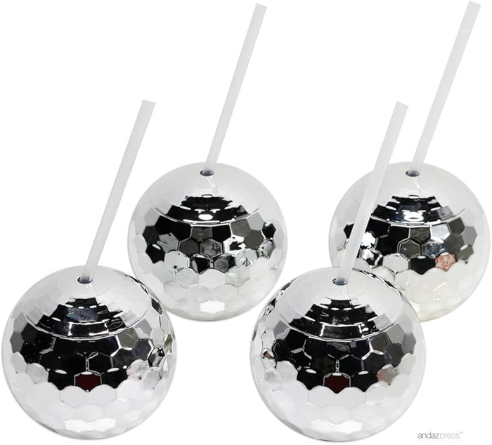 Andaz Press 1970s Disco Ball Cups 19 oz Drink Tumbler with Straw, Silver, 4-Pack, for Metallic Sh... | Amazon (US)
