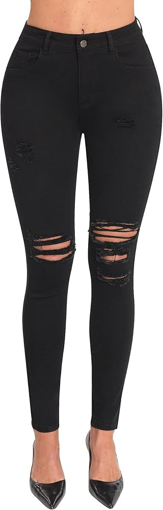 roswear Women's Essentials Ripped Mid Rise Destroyed Skinny Jeans | Amazon (US)