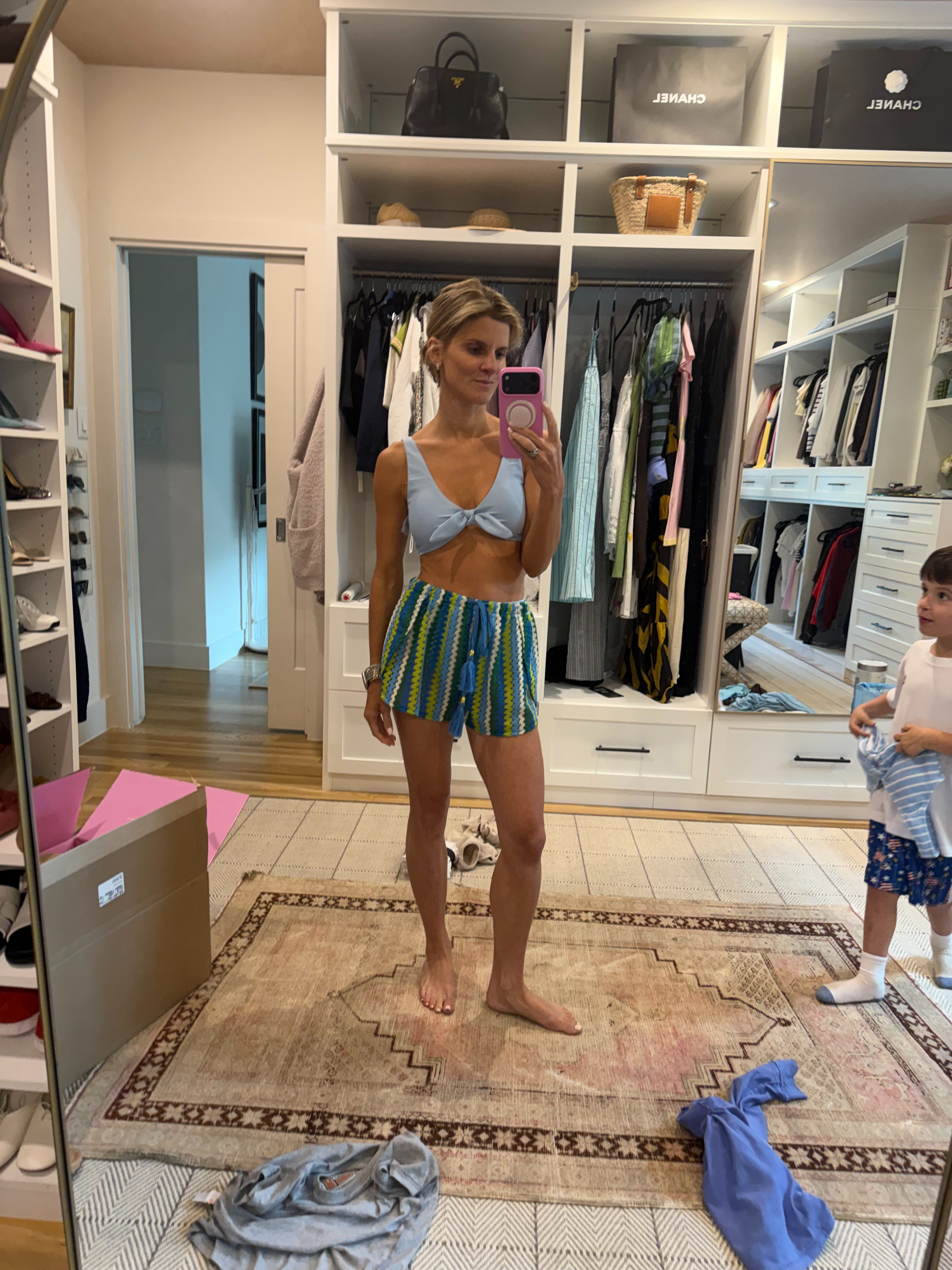 Amazon blue bathing suit and trendy green/blue shorts coverup (wearing smallest size) 

 