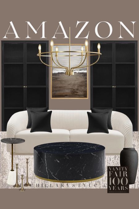 AMAZON Modern Home: White sofa, black cabinets, marble round coffee table, marble side table, area rug, velvet pillows, gold chandelier, wall art, coffee table book, ceramic vase, candlesticks.

#LTKstyletip #LTKhome #LTKSeasonal