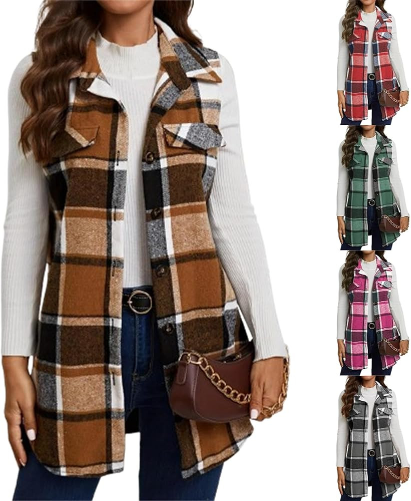 Plaid Vest for Women Sleeveless Curved Hems Long Cardigan Coat Casual Lapel Waistcoat Comfy Butto... | Amazon (US)