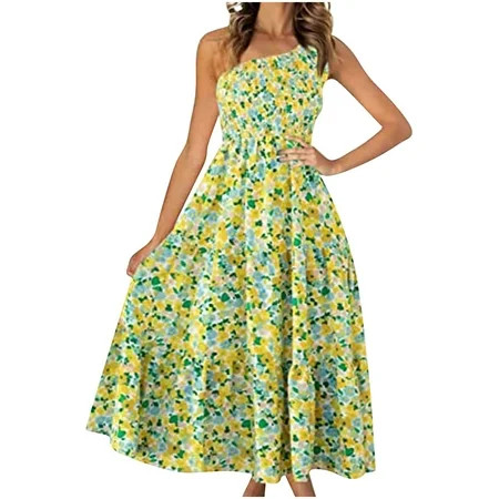 HONHUZH Summer Dresses for Women 2022 Clearance One Shoulder Smocked Swing Dress Beach Dress | Walmart (US)