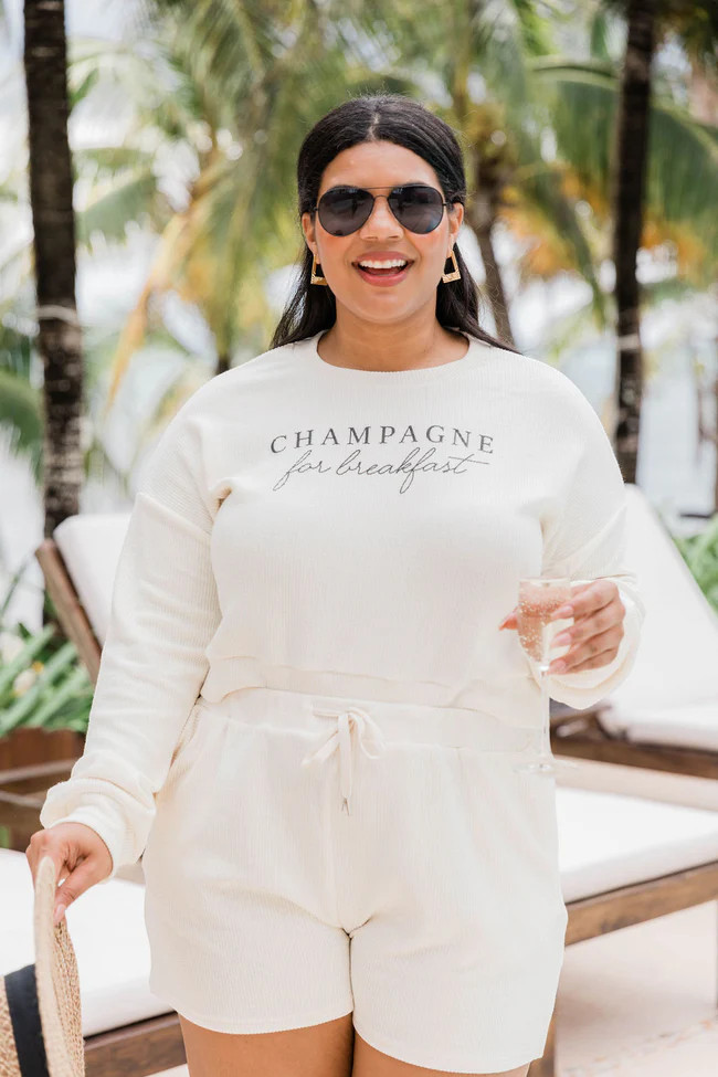 Champagne For Breakfast Ivory Cropped Cord Graphic Sweatshirt | The Pink Lily Boutique