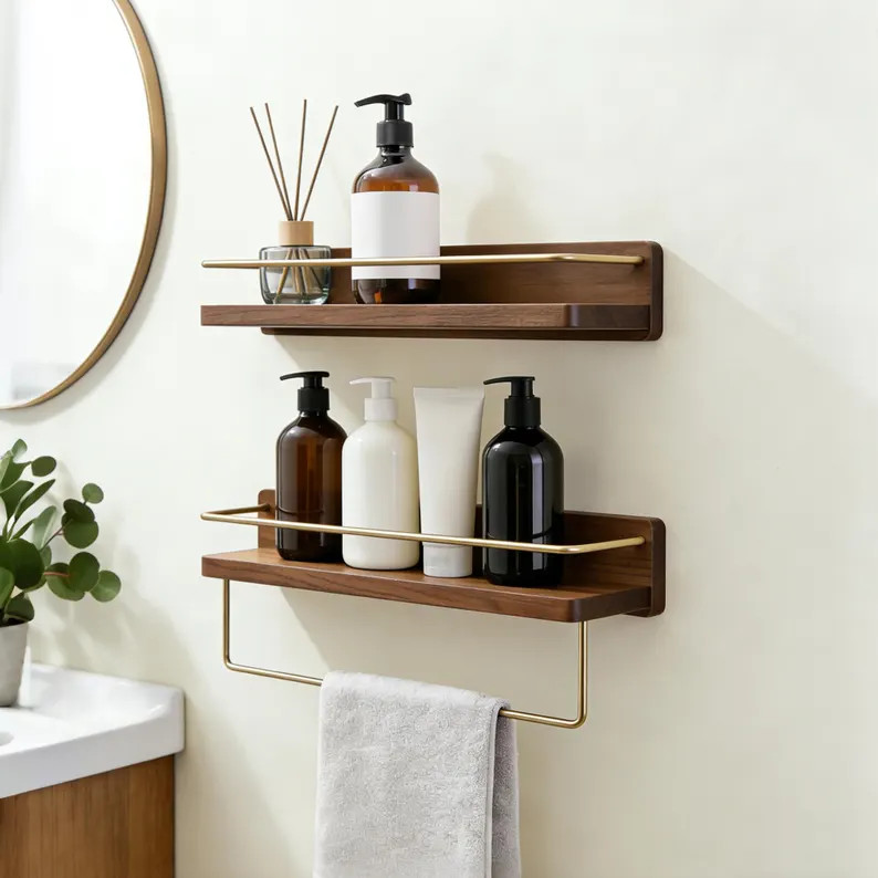 Bathroom Storage Organizer for Kitchen Bedroom | Solid Walnut Floating Wall Shelf with Towel Bar | Etsy (Global)