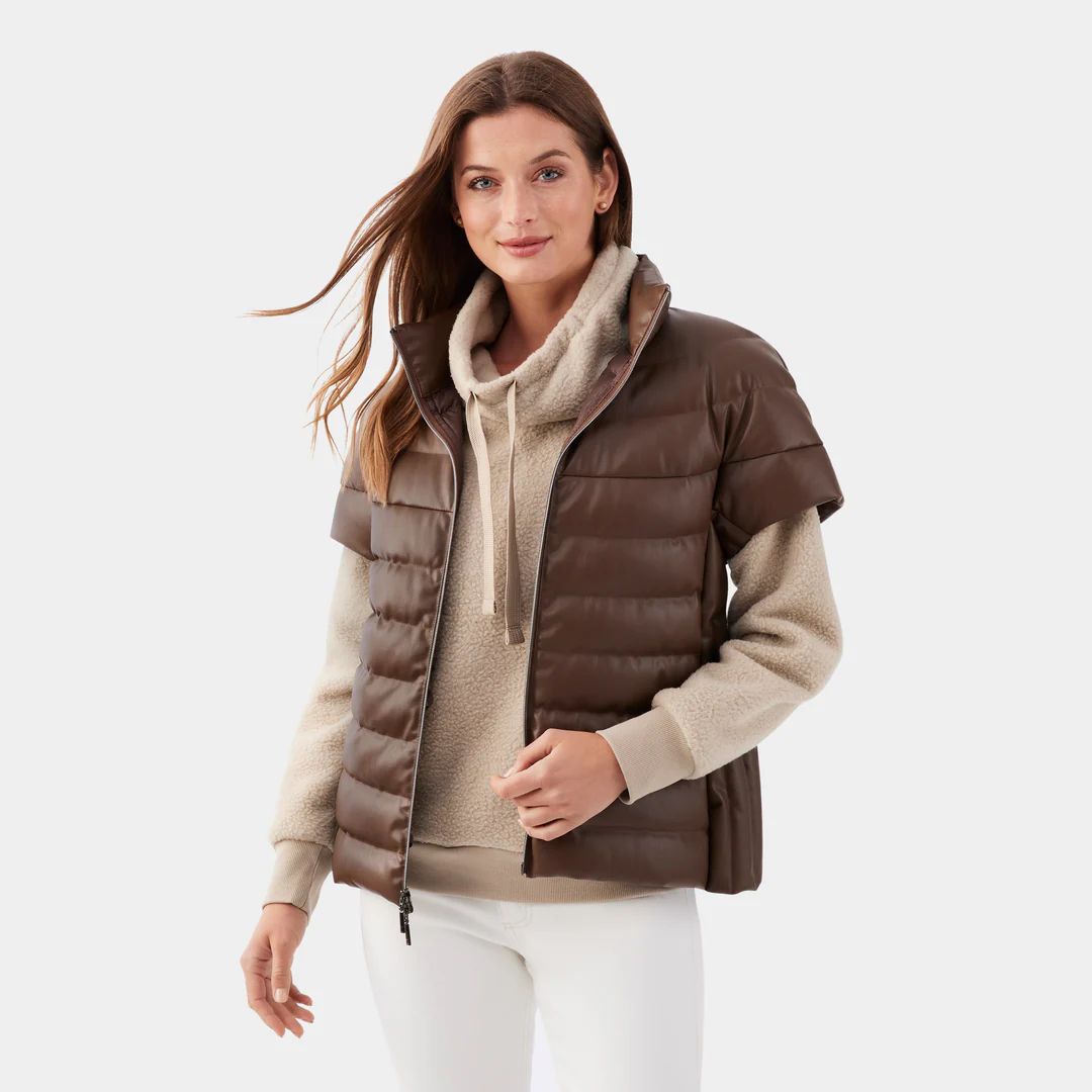 Faux Leather Short Sleeve Quilted Down Puffer Vest | Martha