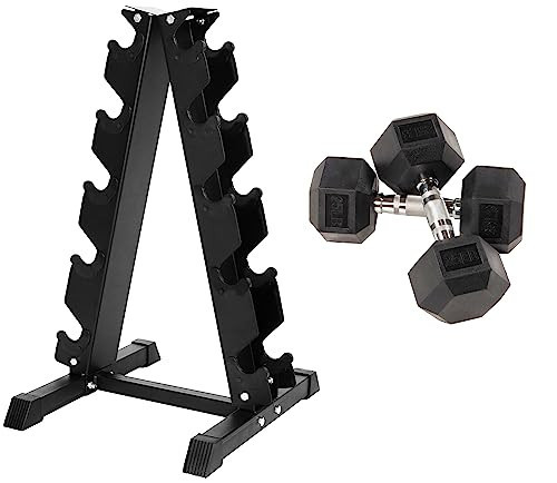 Fitvids Rubber Encased Hex Dumbbell, 25LB Pair with A-Frame Rack | Amazon (US)