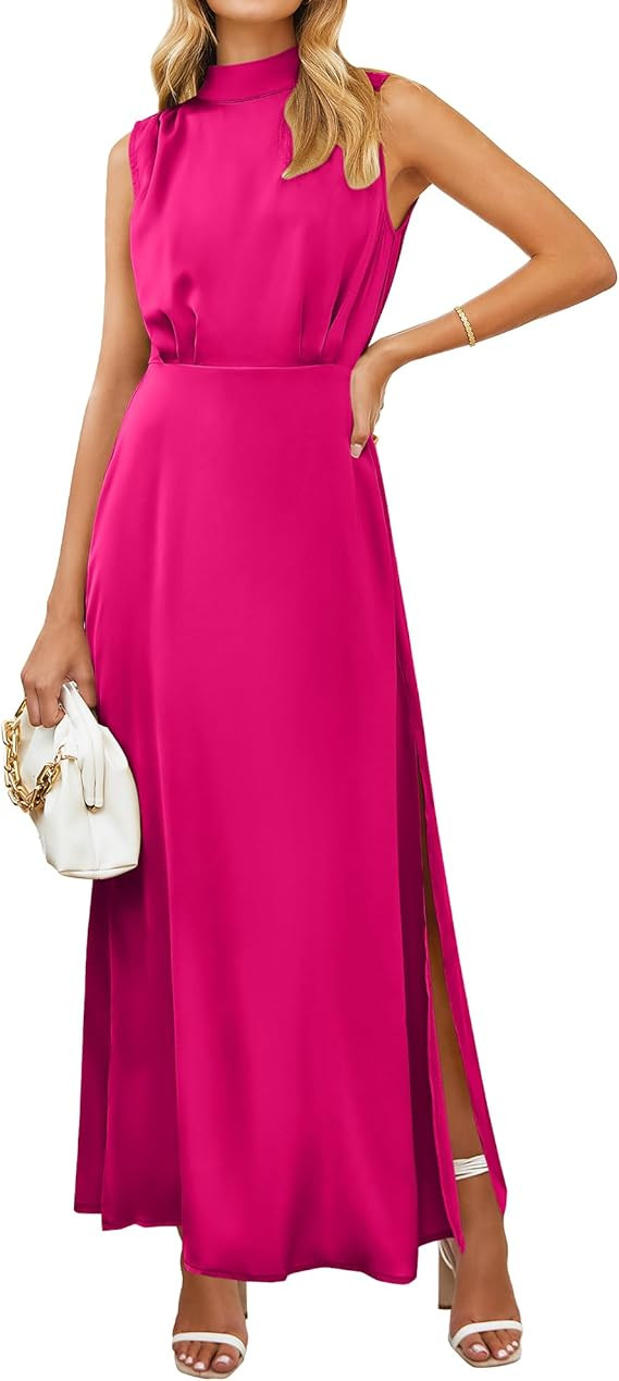 BTFBM Women Sleeveless Mock Neck Cocktail Dresses Keyhole Elastic Waist Party Wedding Guest Satin... | Amazon (US)