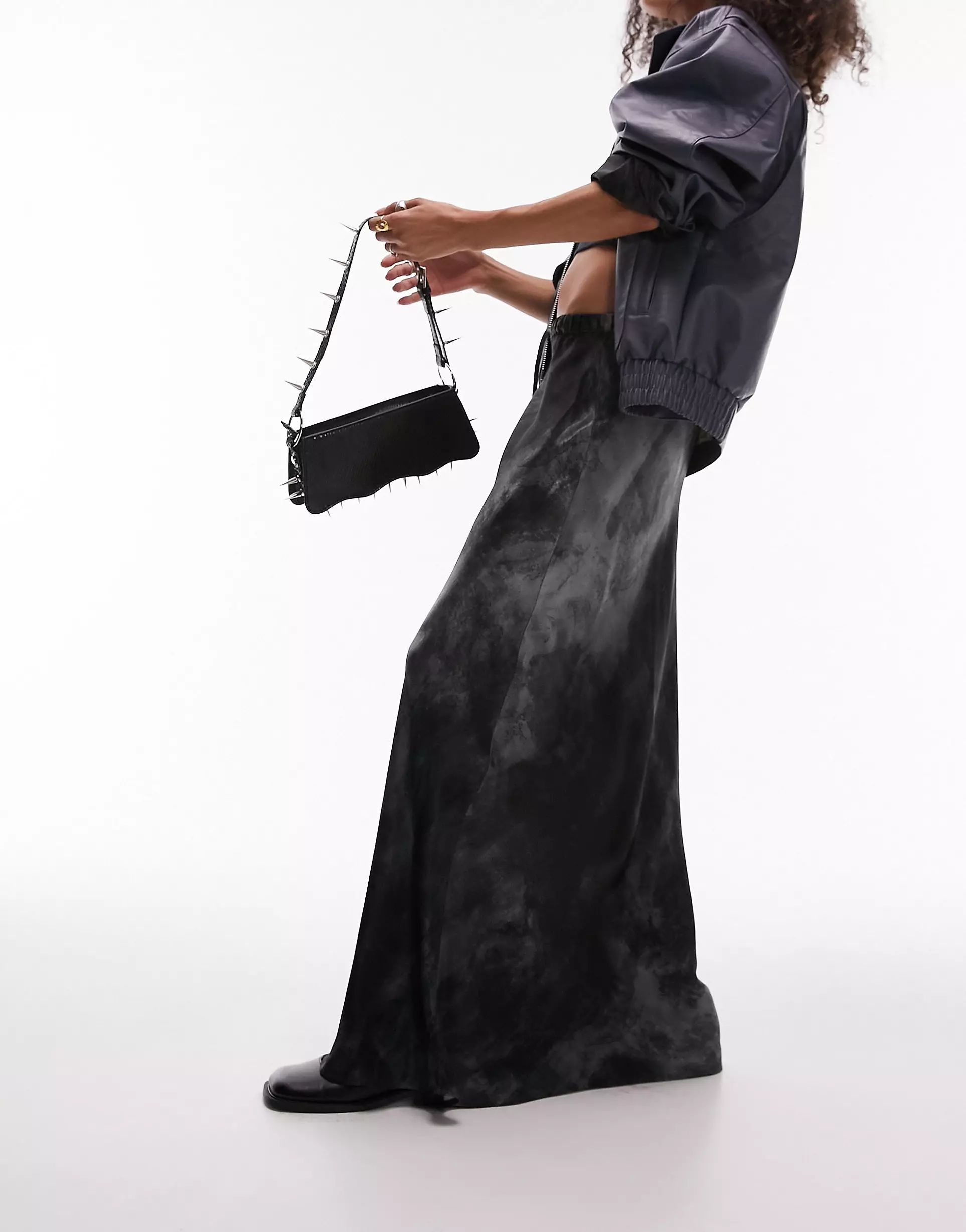 Topshop satin drawstring spray print maxi skirt in monochrome | ASOS (Global)