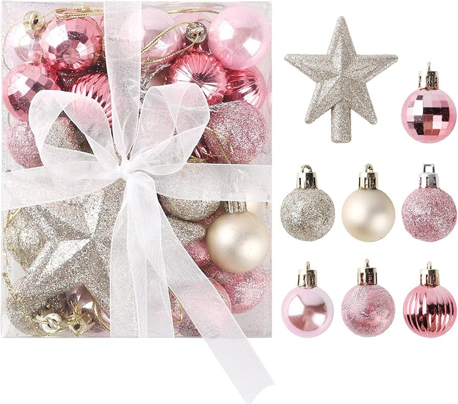Small Christmas Tree Ornaments Set - Champagne and Pink Xmas Ball Ornaments Bulk for Mini Christm... | Amazon (US)
