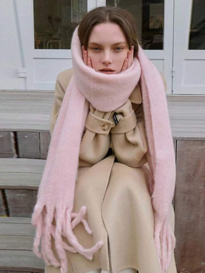 1 Pièce Écharpe Unie, Cou Chaud D'hiver, Châle À Franges Tricoté En Laine Épaisse Épaissie... | SHEIN