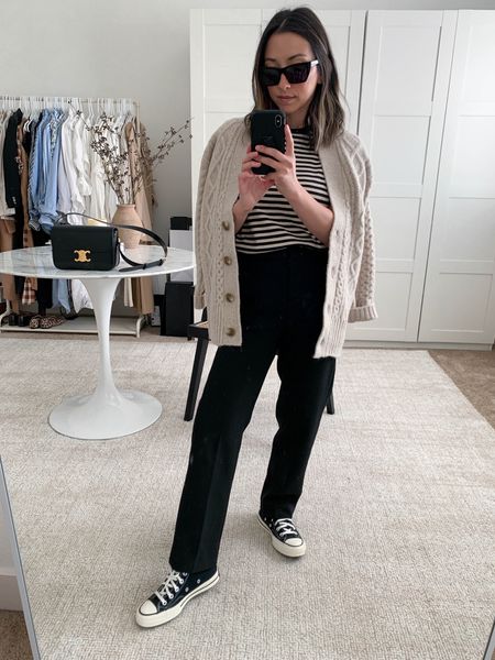 J.crew fall outfits. Petite neutral outfits. J.crew cable knit cardigan. 

Cardigan - j.crew xxs
Tee - Theory small. 
Trousers - j.Crew petite 0
Sneakers - Converse vintage 70’s 5
Sunglasses - YSL