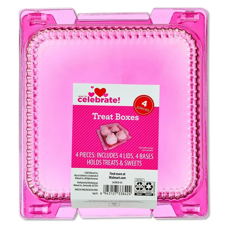 Clear Plastic Treat Boxes, Pink, 4 Count, Valentine's Day by Way To Celebrate | Walmart (US)