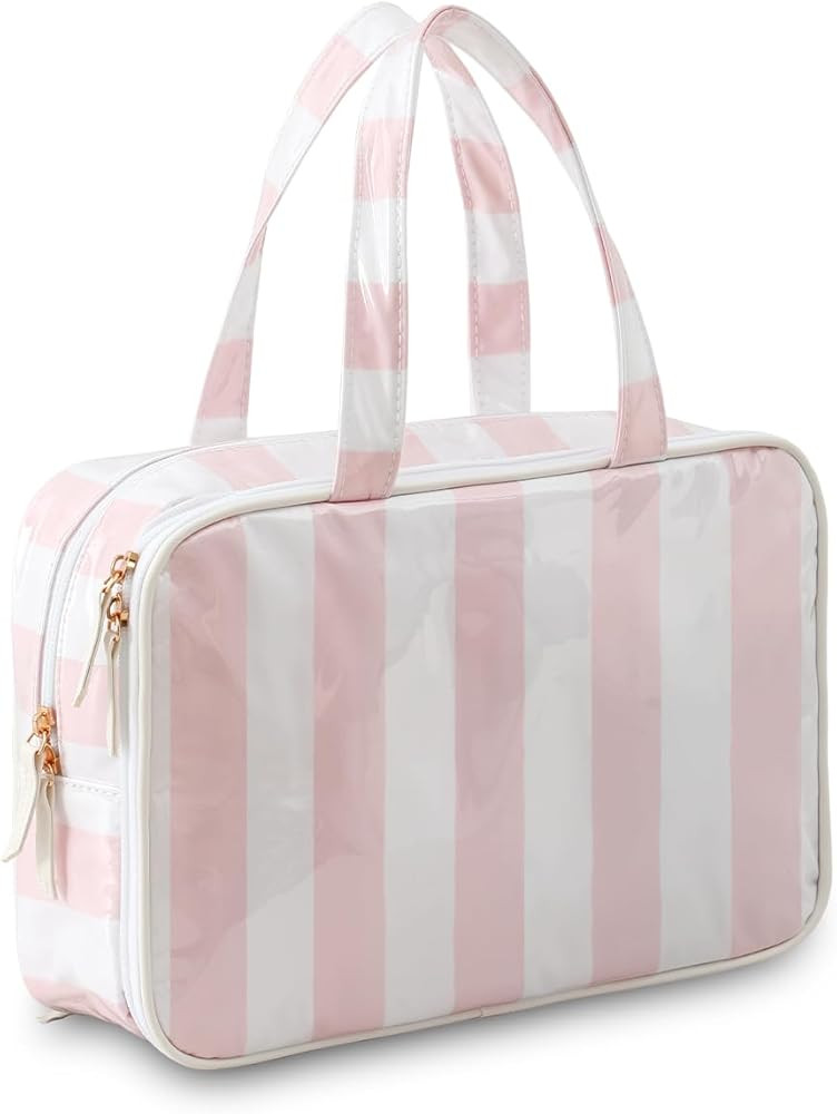 Travel Toiletry Bag for Women, Waterproof Clear Coated Portable Stripe Makeup Cosmetic Bag with C... | Amazon (US)