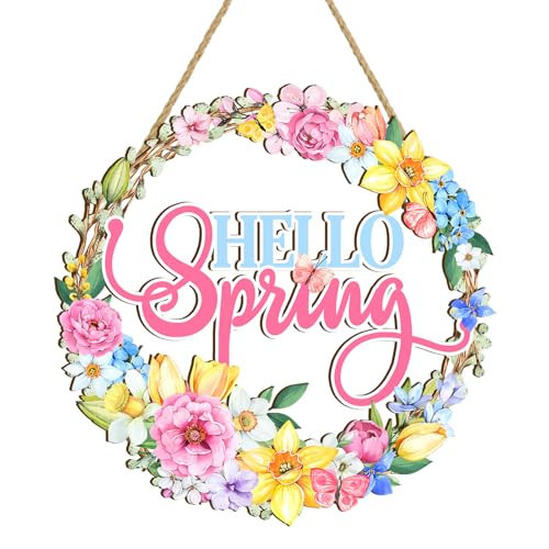 Britimes Hello Spring Welcome Door Sign Spring Floral Wooden Hanging Decorations Colorful Flower Wall Art Decor Front Door Wreath Rustic Farmhouse Hanger for Home Kitchen Garden Outdoor Decor | Amazon (US)