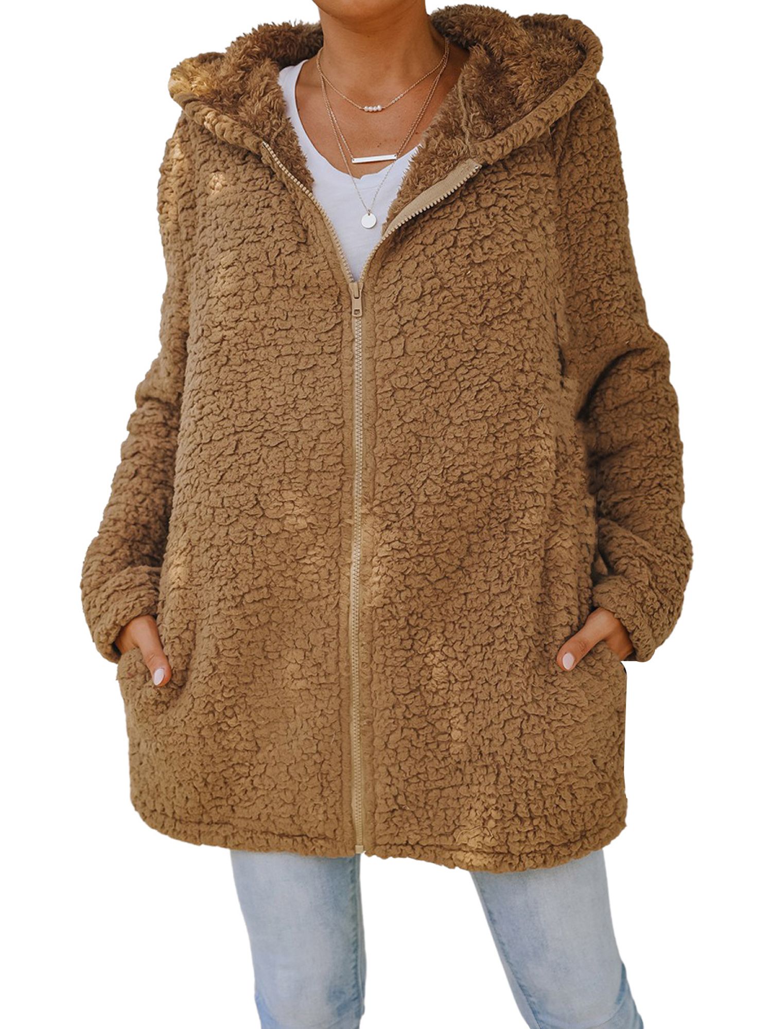 Listenwind Women Fleece Hooded Jacket Fall Winter Warm Solid Color Loose Style Zipper Open Front ... | Walmart (US)