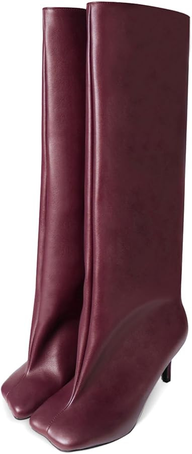 UBWDU Women's Suede Knee High Boots Square Toe Stiletto Heels Wide Calf Tall Boots | Amazon (US)
