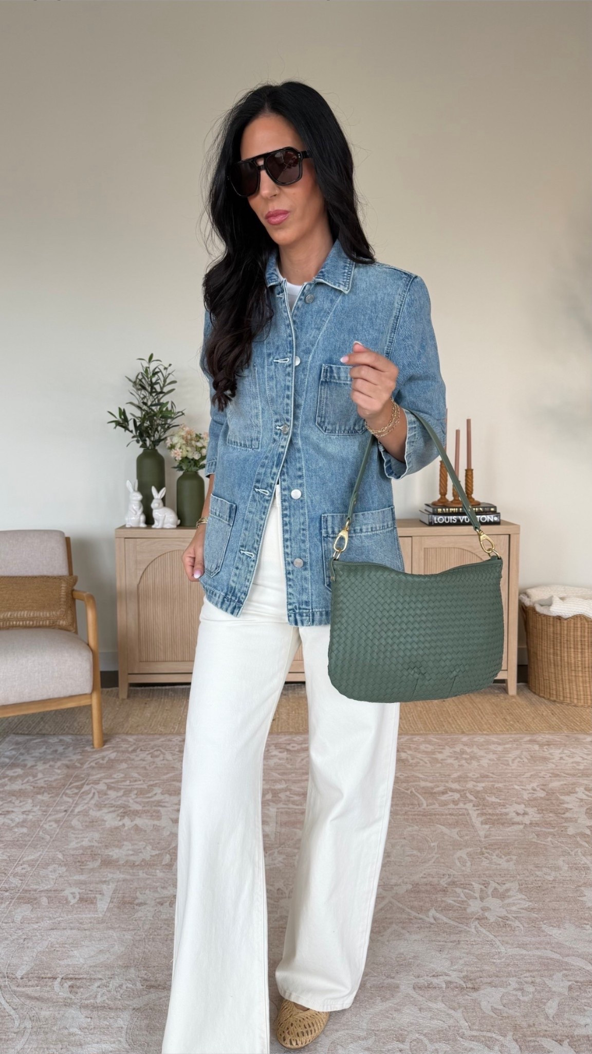 100% denim jacket - wearing a small 
Denim pants - size 27 

100% vegan leather bag 