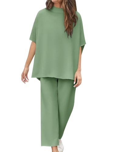 Yousify Travel Outfits for Women 2 Piece Lounge Sets Crew Neck Pullover Tops Summer Short Sleeve Basic Shirt Wide Leg Pants Loungewear Set Light Green XL | Amazon (US)
