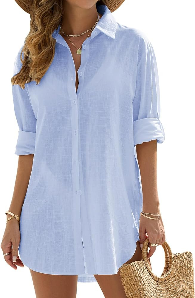 Swimsuit Coverup Women Bathing Suit Cover Up Beach Dress Shirt Casual V Neck Button Down Bikini S... | Amazon (US)