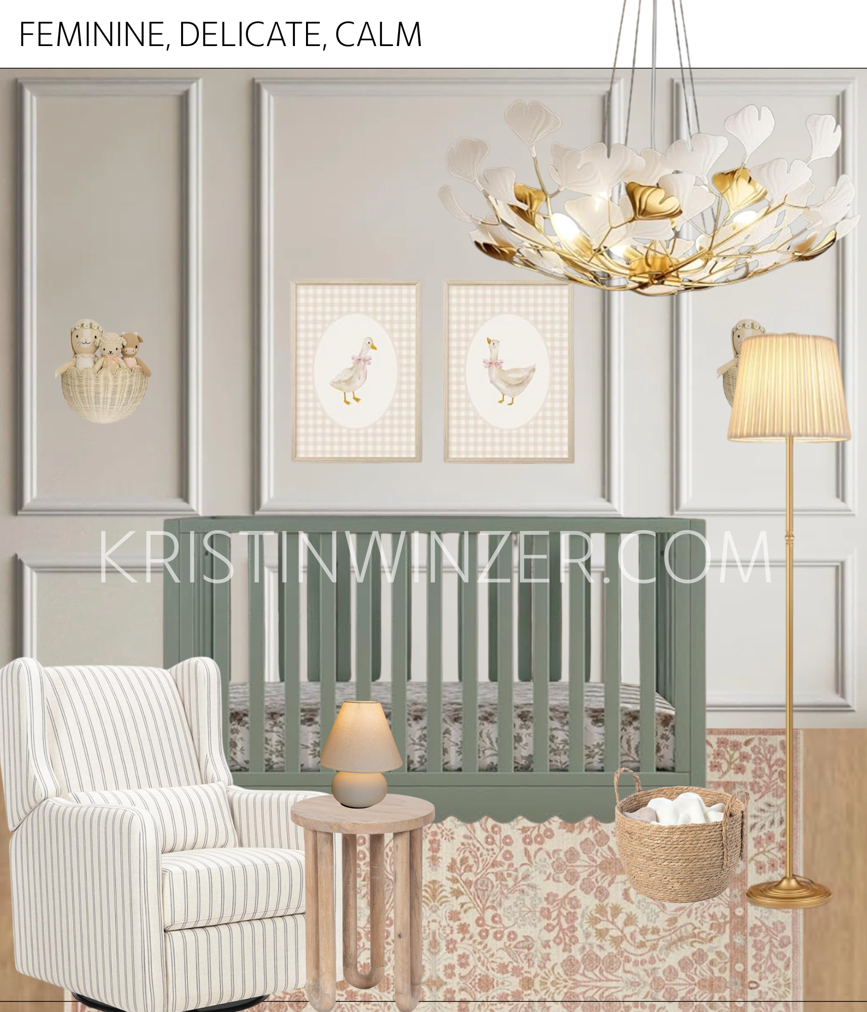 Feminine. Delicate. Calm. The sweetest baby girl's nursery! The chandelier is what I drew inspiration from for this entire room. And just look at those geese wall prints! 

 #LTKHome #LTKBaby #LTKBump