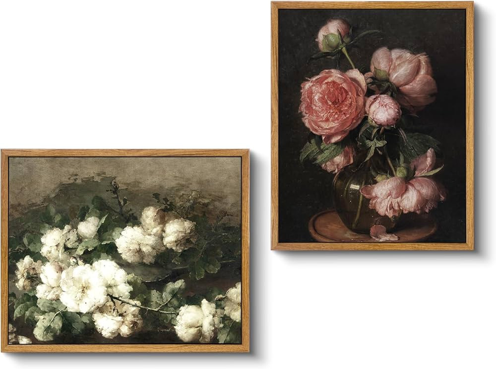 VIYYIEA Two Vintage Framed Wall Art, Peony and White Flower Painting Decor Aesthetic, Small Canva... | Amazon (US)