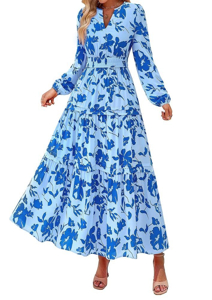 PRETTYGARDEN Women's 2025 Fall Boho Maxi Dresses Floral Long Sleeve V Neck Flowy Elegant Wedding ... | Amazon (US)