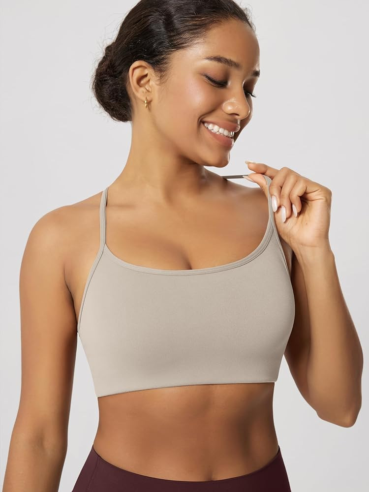 ODODOS Women's Cloud Feeling Scoop Neck Sports Bra - Low Support Strappy Yoga Bra with Removable Pads | Amazon (US)